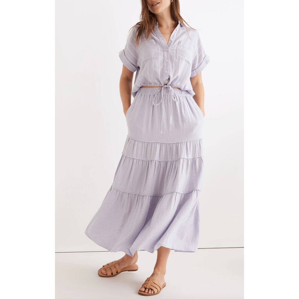Madewell Linen-Blend Pull-On Tiered Maxi Skirt in Stripe-Play
